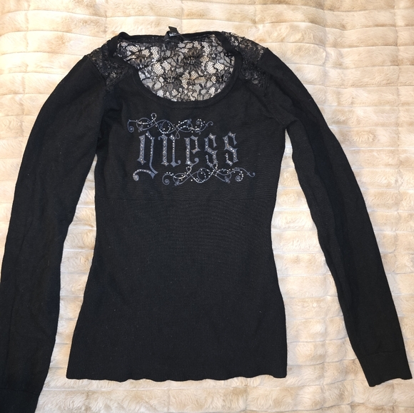 Guess Black Lace-Yoke Long Sleeve Logo Tee - Picture 2 of 3